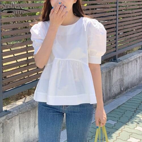 2021 Summer Korean Round Neck Loose Sweet Shirt Women Cute Short Sleeve Womens Blouse White Shirt Short Shirt Puff Sleeve 14372