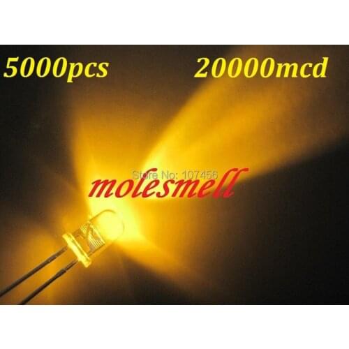 Free shipping 5000pcs 5mm yellow Round High Power Super Bright Water Clear LED Leds 20,000 MCD 5mm round yellow led