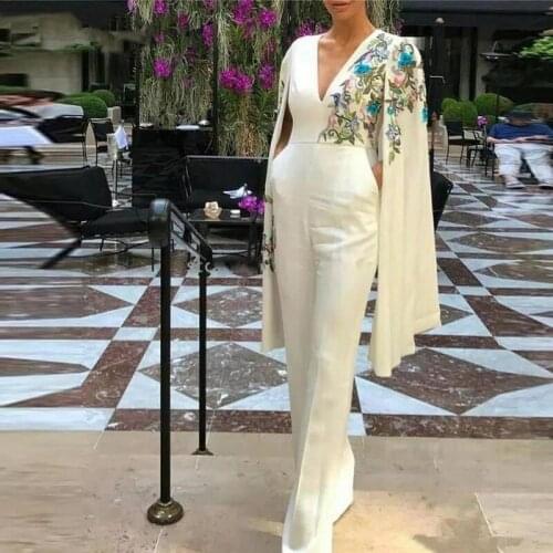 Dubai Evening Dresses Sheath V-neck With Pants Embroidery Saudi Arabia Long Prom Dress Gown Robe De Soiree