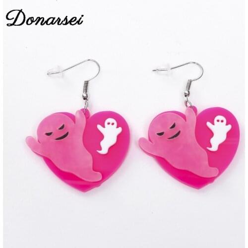 Donarsei Halloween Cute Heart Ghost Acrylic Earrings For Women Acetate Pink Color Specter Drop Earrings All Saints' Day Gift