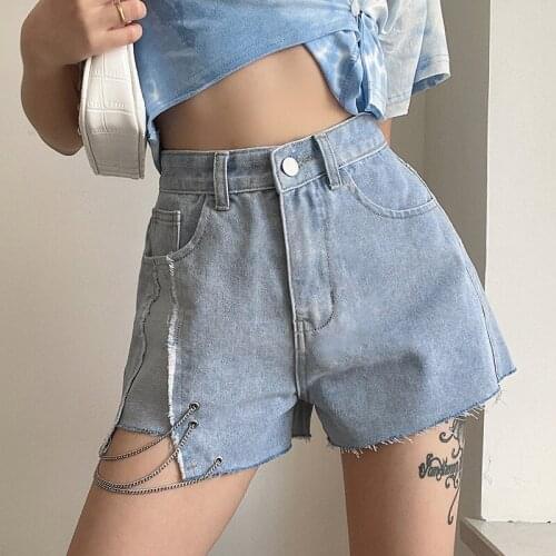 SEASONS Casual Cotton Jeans Shorts Women With Chains Summer High Waist Denim Short Pants Capris Harajuku Korean 2021 ASSH83225
