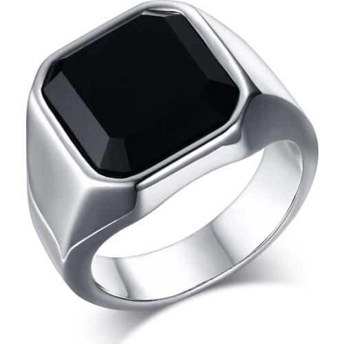 EAMIOR 14 mm Fashion Stainless Steel Mosaic Black Onyx Silver Men Ring Plated Wedding Band Business Gift Men Engagement Jewelry