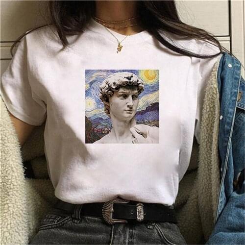 Harajuku Womens T-shirt 90s Ulzzang Graphic Funny White Drawing David Print T-shirt O Neck Women T-Shirt Tee Tops Short Sleev