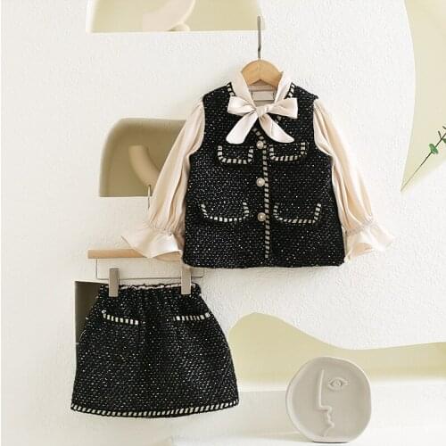 Wholesale girls sets baby girl bow pearl jacket and pearl skirts 2pcs outfits kids clothes