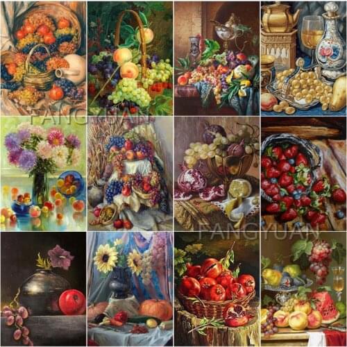 Full Square Round Drill Flower Fruit Diamond Embroidery Kitchen Decoration 5D Diy Diamond Painting Retro Wall Art Pictures