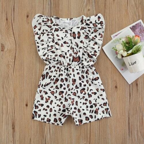 Toddler Baby Girls Summer Rompers Leopard Print Ruffled Sleeveless Rompers Children Cotton Button Fly Sleeve Casual Playsuits