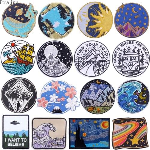 Cartoon Van Gogh Waves Applique Embroidered Patches On Clothes Round Outdoor Badges Space Iron On Patches For Clothing Stickers