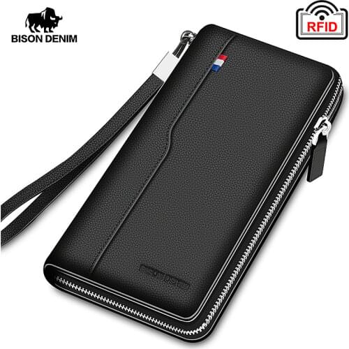 BISON DENIM Genuine Leather Mens Wallet RFID Blocking Long Purse Coin Case Passport Cover For Mens Credit Card Holder W8226