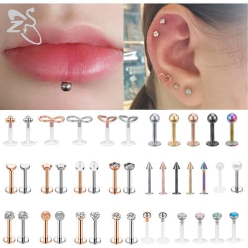 ZS 10-16pcs/lot Stainless Steel Labret Lip Piercing Set Heart Round CZ Crystal Ear Helix Conch Tragus Screw Piercing Jewelry 16g
