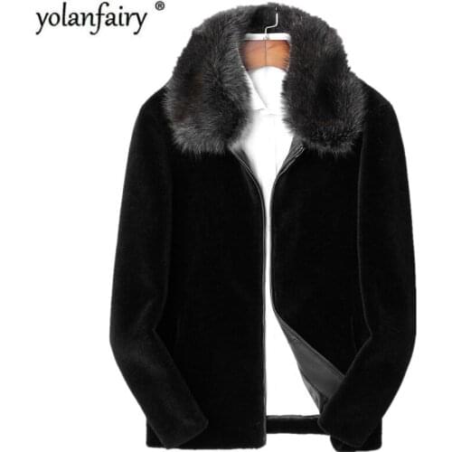 Real Sheep Shearling Fur Coat Winter Jacket Men Raccoon Fur Collar 100% Wool Fur Coats Plus Size 4xl Manteau LSY088305 MY1820
