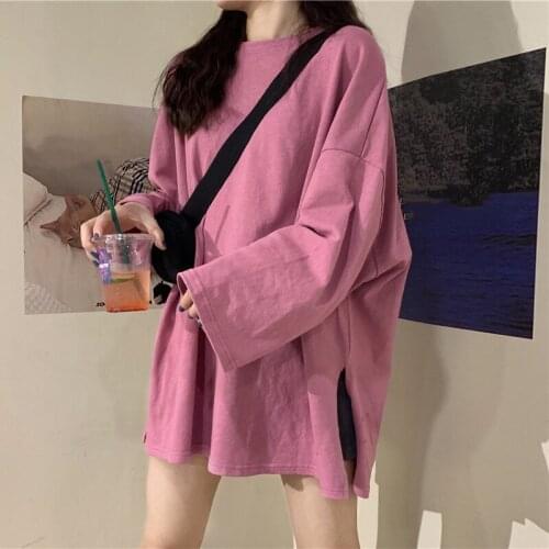 Loose Womens T Shirt Harajuku Korean Multicolor Casaul Versatile Hem Slit O-neck Pullover Long Tee Sleeves Female Chic T-shirt