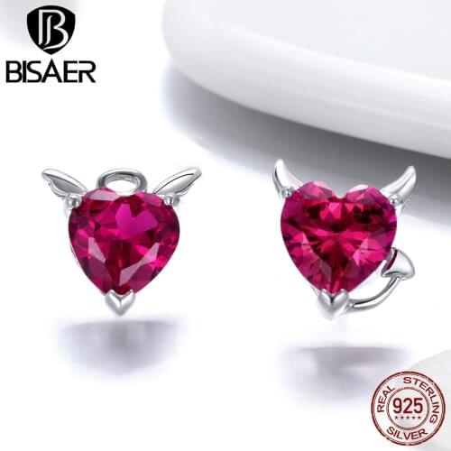 BISAER 925 Sterling Silver Evil And Angel Earrings Crystal CZ Heart Stud Earrings for Women Fashion Earrings 2019 Jewelry ECE414