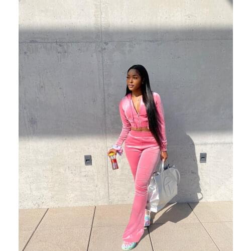 Women Solid Two Piece Set Autumn Velvet Zip Hooded Crop Top Wide Leg Pants Matching Set Streetwear Sport Casual Tracksuit Outfit