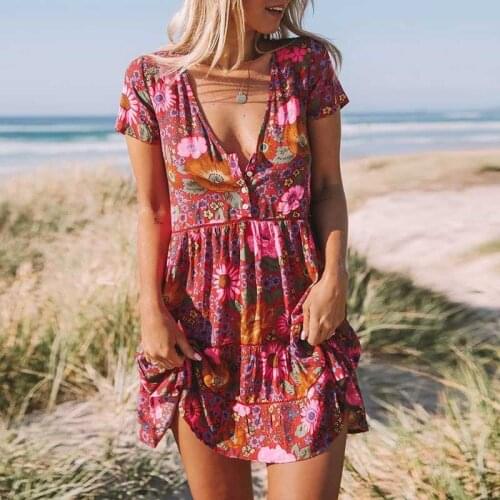 Boho Dress Daisy Red Foral Print Summer Dress Women V-neck Button Rayon Mini Bohemian Chic Dress Vestidos
