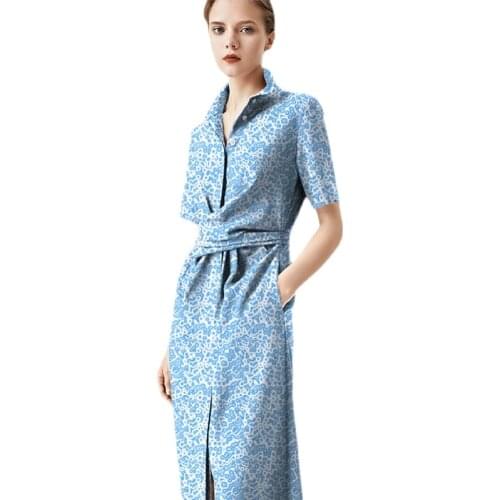 2021Summer Long Style Retro Dress Elegant Print Pattern Super long thin style denim Dress Job seekers Blue Short sleeve Dress