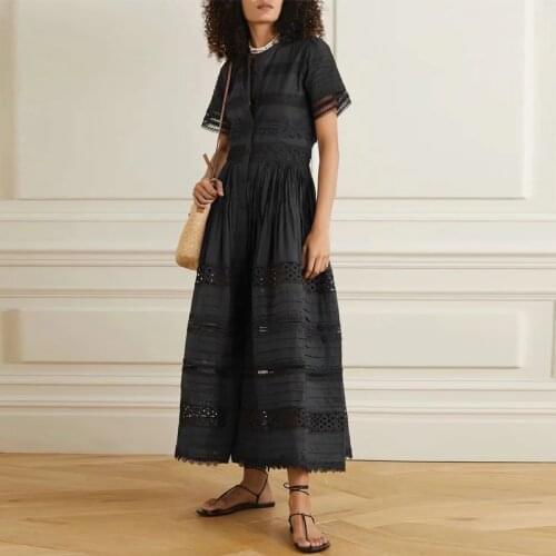 Fashion Lace Runway 2021 Womens White Black Summer Flower Embroidery Hollow Out Midi Elegant Dress