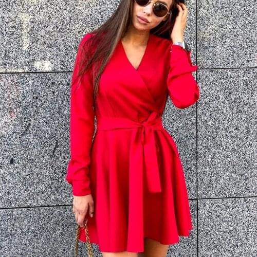 Shyloli New Autumn Belt a Line Party Dress Women Long Sleeve v Neck Casual Office Lady Dress Mini Sexy Club 2020 Solid Color