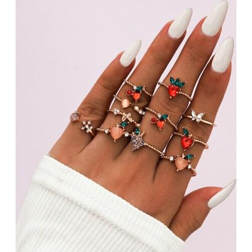 11pcs Elegant Finger Rings Set for Women Charming Diamond Apple Fruit Knuckle Rings Jewelry Gifts