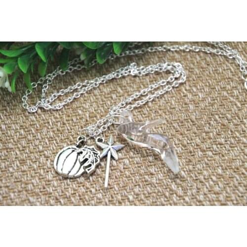 20pcs Cinderella Glass Slipper Necklace with Magic Wand and Pumpkin Charms necklaces