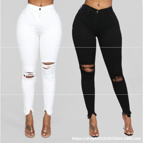 2021 fashion high waist ripped jeans womens stretch pants