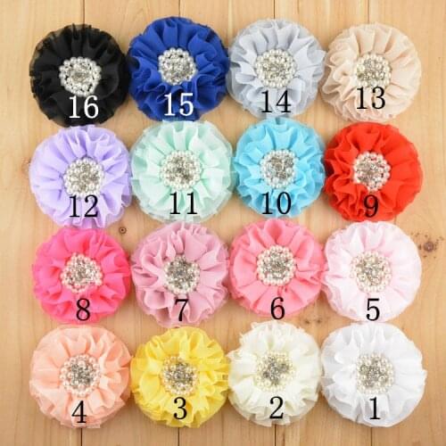 30 PCS/LOT , 3.14" Chiffon Pearl Flower with Rhinestones YOU Choose COLORS