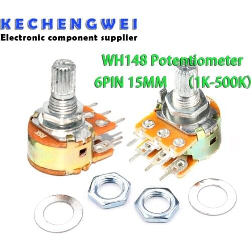 5pcs WH148 B1K B2K B5K B10K B20K B50K B100K B500K 6Pin Shaft Amplifier Dual Stereo Potentiometer 1K 2K 5K 10K 50K 100K 500K