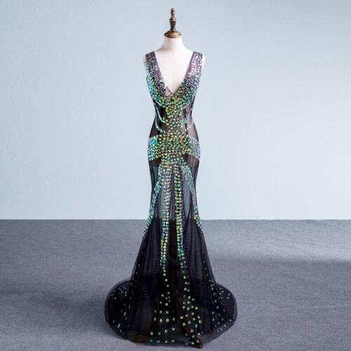 Sparkly Multicolor Rhinestones Sleeveless Mesh Long Dress Womens Birthday Celebrate Nightclub Female Singer Show Clothes Dress