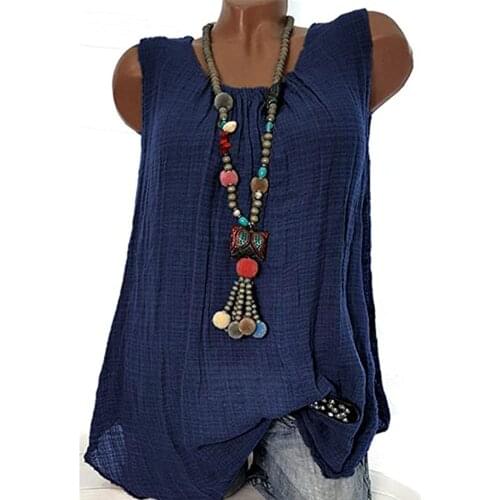 Summer Linen Cotton Blouse 5XL Plus Size Blouses Sleeveless Loose Shirt Neck O-Neck Shirts Blusas Feminina Tops Vest T-shirt 2