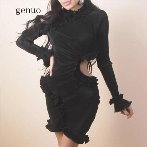 Side Open Long Sleeve Bodycon Dress Autumn Black Sexy Hollow Out Short Dress For Women Elegant Ruffles Party Vestidos