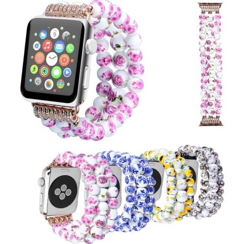 Handmade Flower Ceramic Beads Stretch Bracelet for Apple Watch Series 3 2 1 Womens Strap 42mm 38mm Band for iWatch Chain Belt