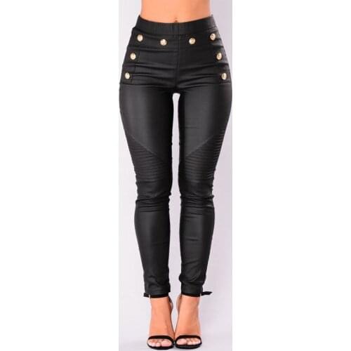 High Elastic Waist Black Pencil Pants Women PU Leather Matte Stretch Button Trousers for Women Streetwear
