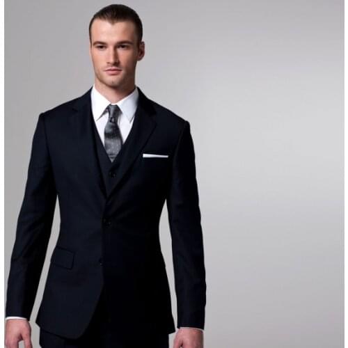 Custom Made Mens Suits Groomsmen Notch Lapel Groom Tuxedos Navy Blue Wedding Best Man Suit (Jacket+Pants+Tie+Vest) A11