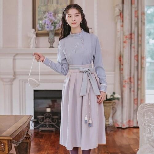 SWEETXUE 2021New Style Retro 2-Piece Set Long-Sleeved Embroidered Shirt Top + High Waist Bow Skirt Chinese Style Ladies Suit