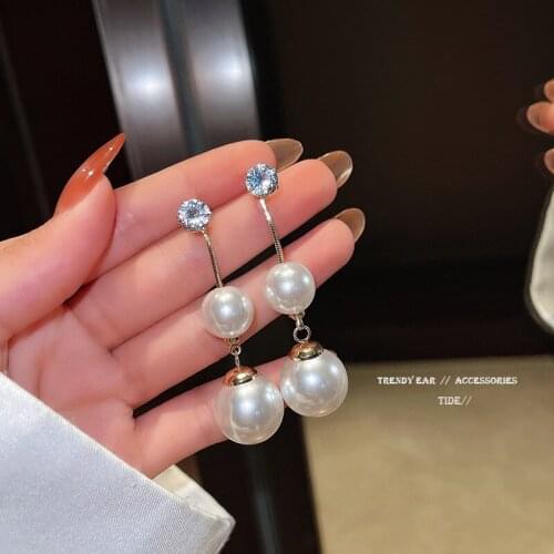 Cute Round Pearl Chain Dangle Earrings Trendy Female White Zircon Drop Earrings Vintage Silver Color Wedding Earrings For Women
