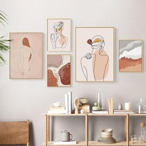 Minimalist Lines Figure Poster and Print Nordic Modern Beauty Wall Art Abstract Morandi Color Block Painting for Living Room