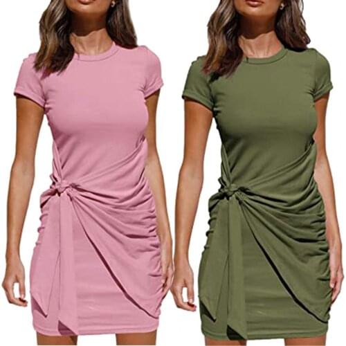 Fashion Women Short Sleeve Round Neck Pleated Bow Belt Irregular Dress Solid Color Women Party Dresss Bandage Dresses for Female