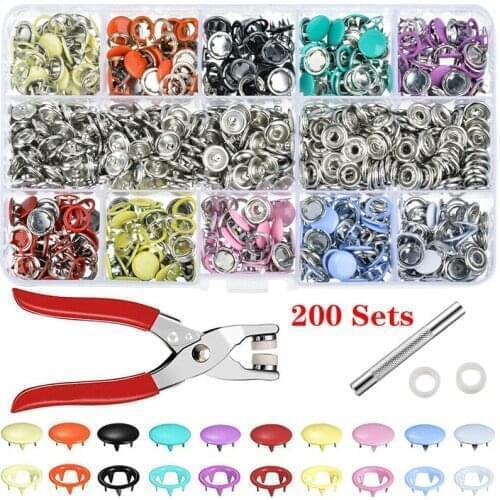 9.5/10mm 100/200Sets Metal Clothes Sewing Buttons Prong Ring Press Studs Snap Fasteners + Clip Pliers Sewing accessories