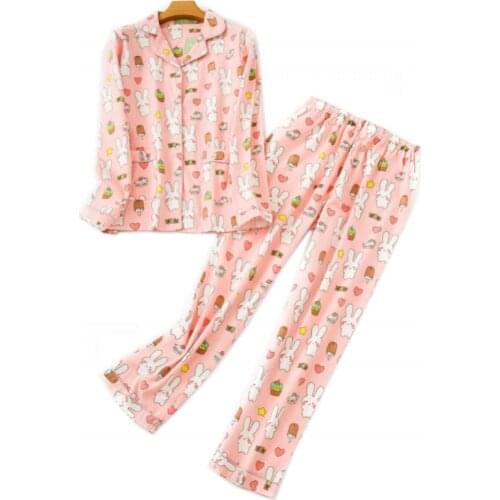 Spring Autumn Women Casual Cartoon Pajama sets Female 100%Cotton Sleepwear suit Women long sleeve Turn-down collar shirt & Pants