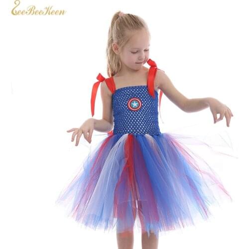 Girls Captain America Cosplay Dress Kids Costume Superhero Costume Stage Show Dancewear Summer Dress Child Halloween Party Dress