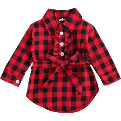 2020 Kid Girl Dress Baby Plaid Midi Long Sleeve Lapel Collar Waistband Buttons Princess Shirts Dresses 0-5Years