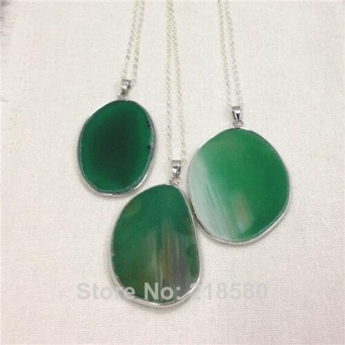 H-QN100 Green Agat Druzy Geode Slice Pendant Chain Necklace Silver Water Drop Pendant Necklace