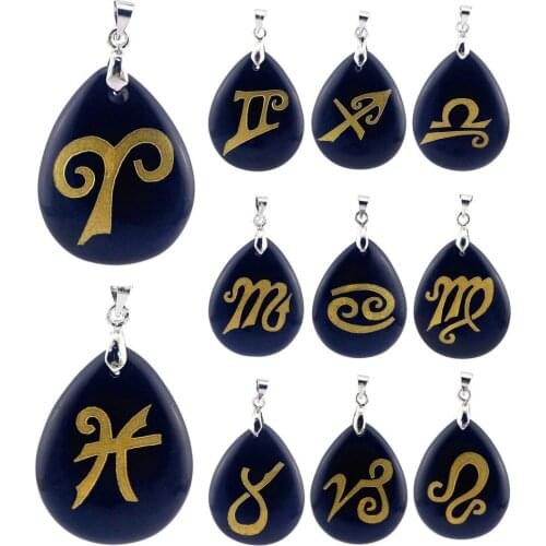 Natural Stone Obsidian Twelve Constellation 22*35mm Pendant for Charms Women Jewelry Making DIY Necklace Accessories Wicca Reiki