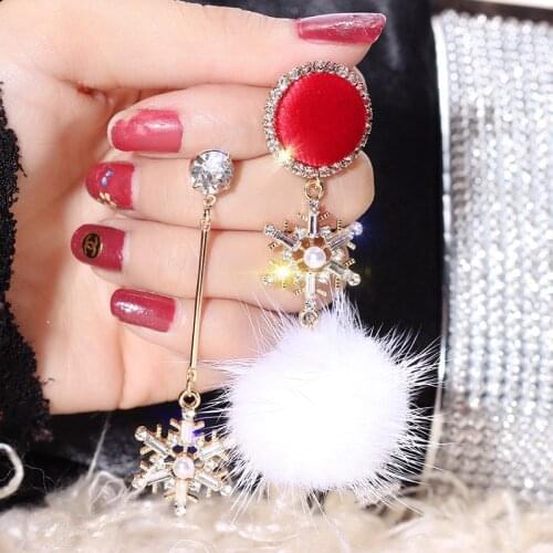Christmas Crystal Snowflakes Asymmetry Long Dangle Earrings Korean Fashion Temperament Pom pom Drop Earrings Jewelry For Women