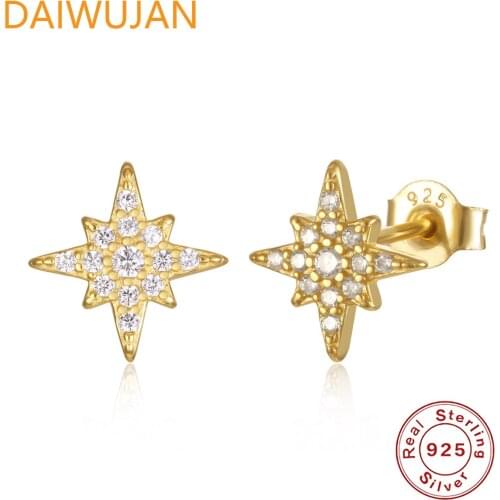 DAIWUJAN Real 925 Sterling Silver Stud Earrings Gold Silver Color Zircon Star Piercing Earrings For Women Girl Kolczyki Damskie