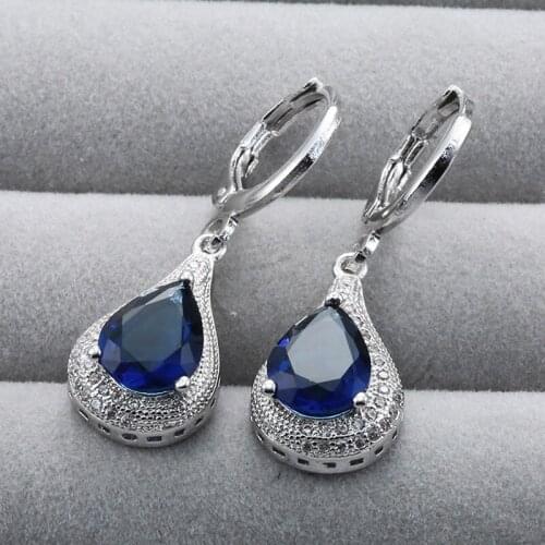 Vintage Blue Stone Earrings Women CZ Zircon Brass Geometric Dangle Earrings Female Jewelry New