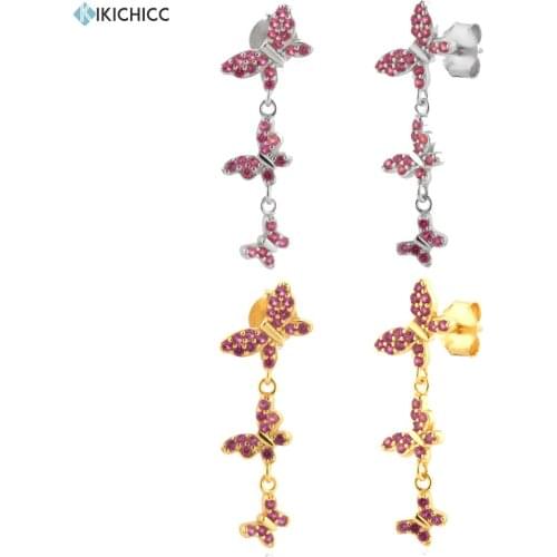 KIKICHICC 925 Sterling Silver Three Butterfly Drop Earring Rose Red Zircon Piercing Clips Loops Rock Punk Clips Crystal CZ