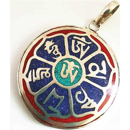 Tibetan Jewelry Pendants Mantra Amulets Copper Inlaid Stone Round Pendant OM MANI PADME HUM TBP430