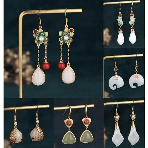 Chinese Fashion Retro Ethnic Dangle Earrings for Women Palace Vintage Stone Earrings Trendy Animal Jewelry Pendientes Wholesale