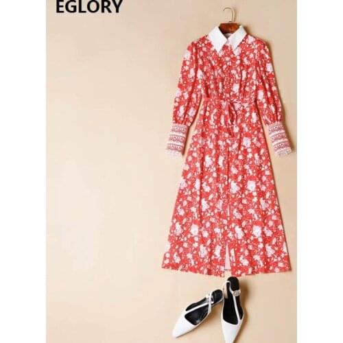 Princess Womens Dress 2021 Spring Summer Fashion Ladies White Turn-down Collar Red Floral Print Full Sleeve Casual Shirt Dress