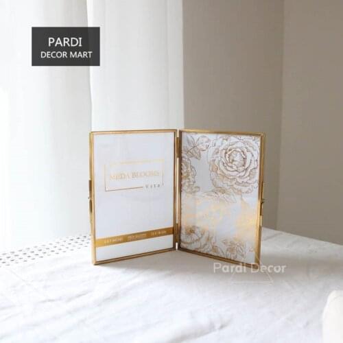 Gold Metal Photo Frame Glass Picture Frame Fold Glass Frame Lace Decorative Double-leaf Home Decorations Wedding Photograph
